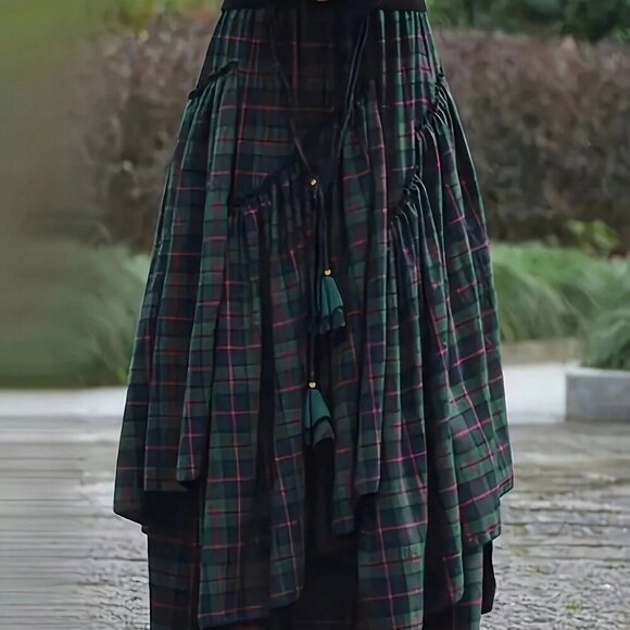 Green Casual Women's Plaid Asymmetrical Floral Belted Skirt - Picture 2 of 5